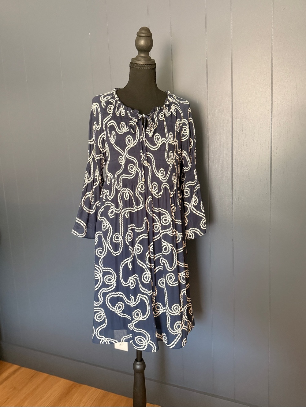ELLE Navy Rope-Print Tie-Neck Women's Dress
